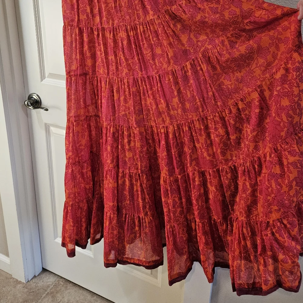 Free People Kikas Printed Midi Dress Cotton Ruffle Tiers Floral Sm Tangerine EUC - Picture 7 of 15